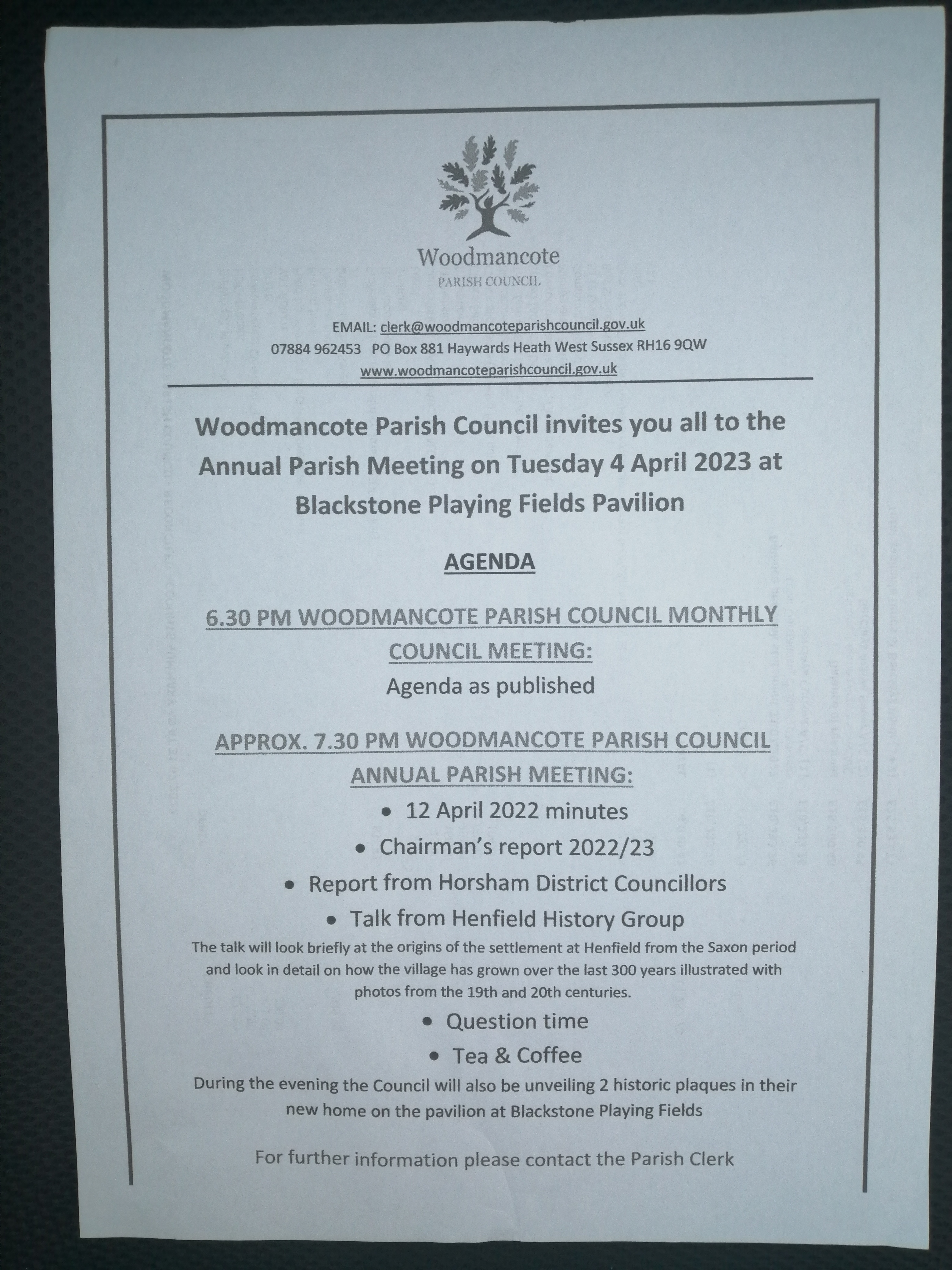 Annual Parish Meeting - Tuesday 4 April 2023 at 7.30pm