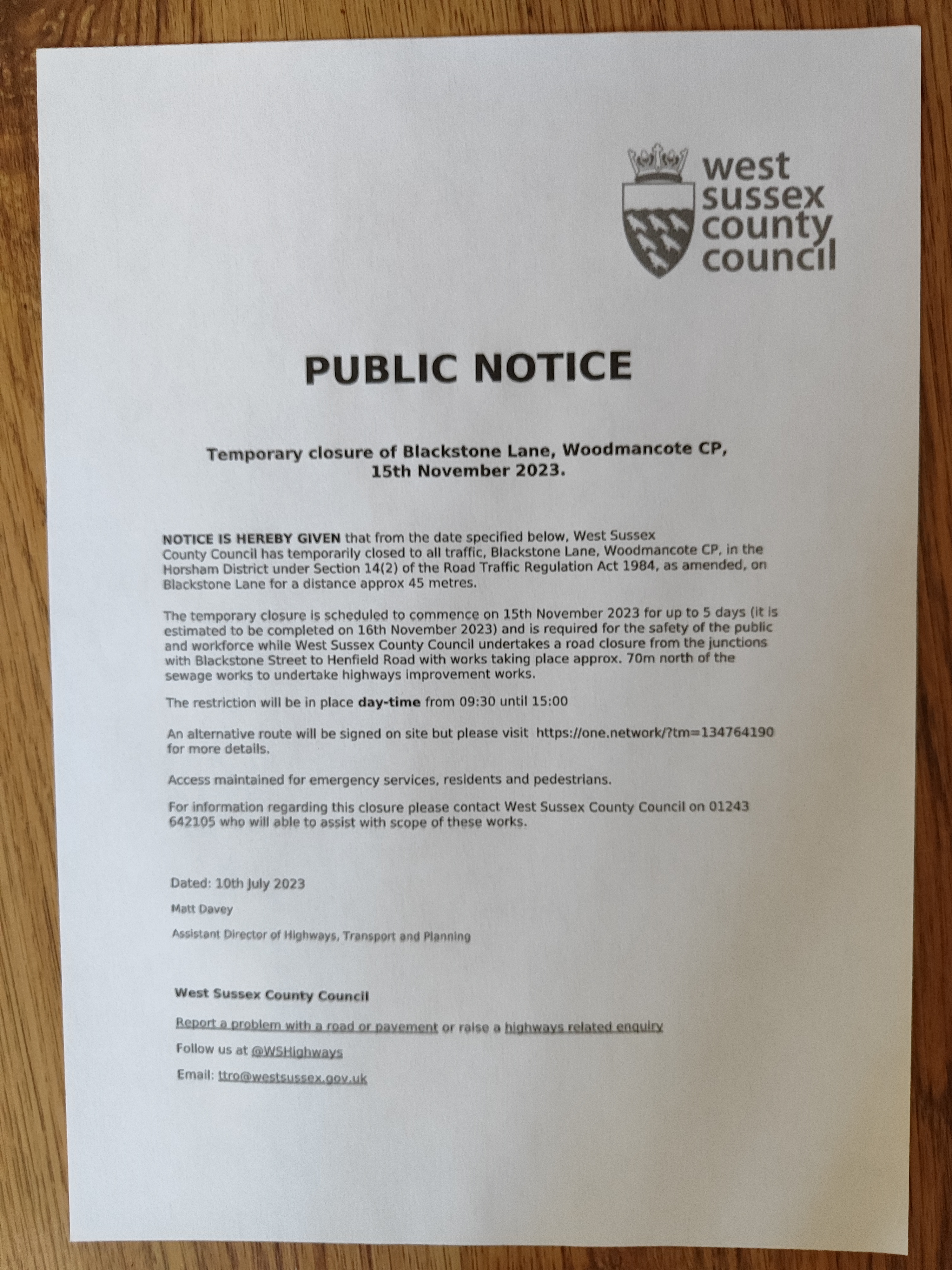 Advance Notice of Closure of Blackstone Lane